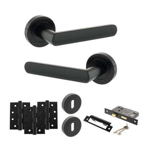 Quality image of STATUS Carolina Door Handle Pack (3 Lever Lock Set - 3" CE Sashlock, 4" Fire Rated Hinges x3) - Matt Black | Sku. adps42rmb17 | available from Trade Door Handles.