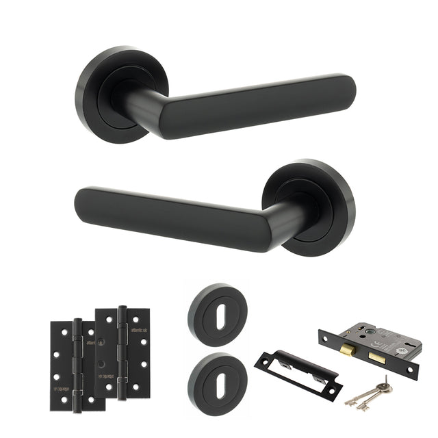 Quality image of STATUS Carolina Door Handle Pack (3 Lever Lock Set - 2.5" CE Sashlock, 4" Slim Knuckle Hinges x2) - Matt Black | Sku. adps42rmb18 | available from Trade Door Handles.