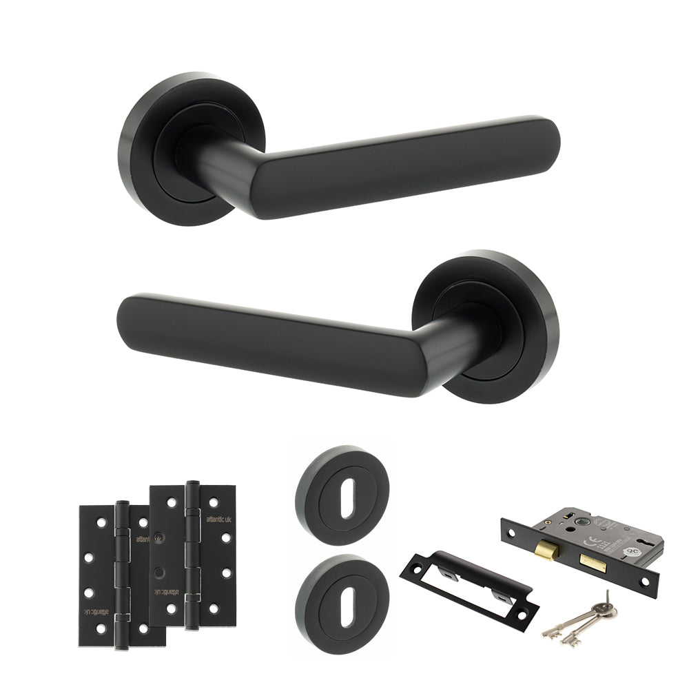 Quality image of STATUS Carolina Door Handle Pack (3 Lever Lock Set - 3" CE Sashlock, 4" Slim Knuckle Hinges x2) - Matt Black | Sku. adps42rmb19 | available from Trade Door Handles.