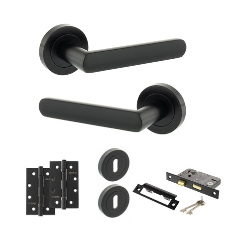 Quality image of STATUS Carolina Door Handle Pack (3 Lever Lock Set - 3" CE Sashlock, 4" Slim Knuckle Hinges x2) - Matt Black | Sku. adps42rmb19 | available from Trade Door Handles.