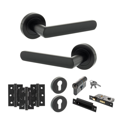Quality image of STATUS Carolina Door Handle Pack (Euro Lock Set - 2.5" CE Sashlock, 3" Fire Rated Hinges x3) - Matt Black | Sku. adps42rmb20 | available from Trade Door Handles.
