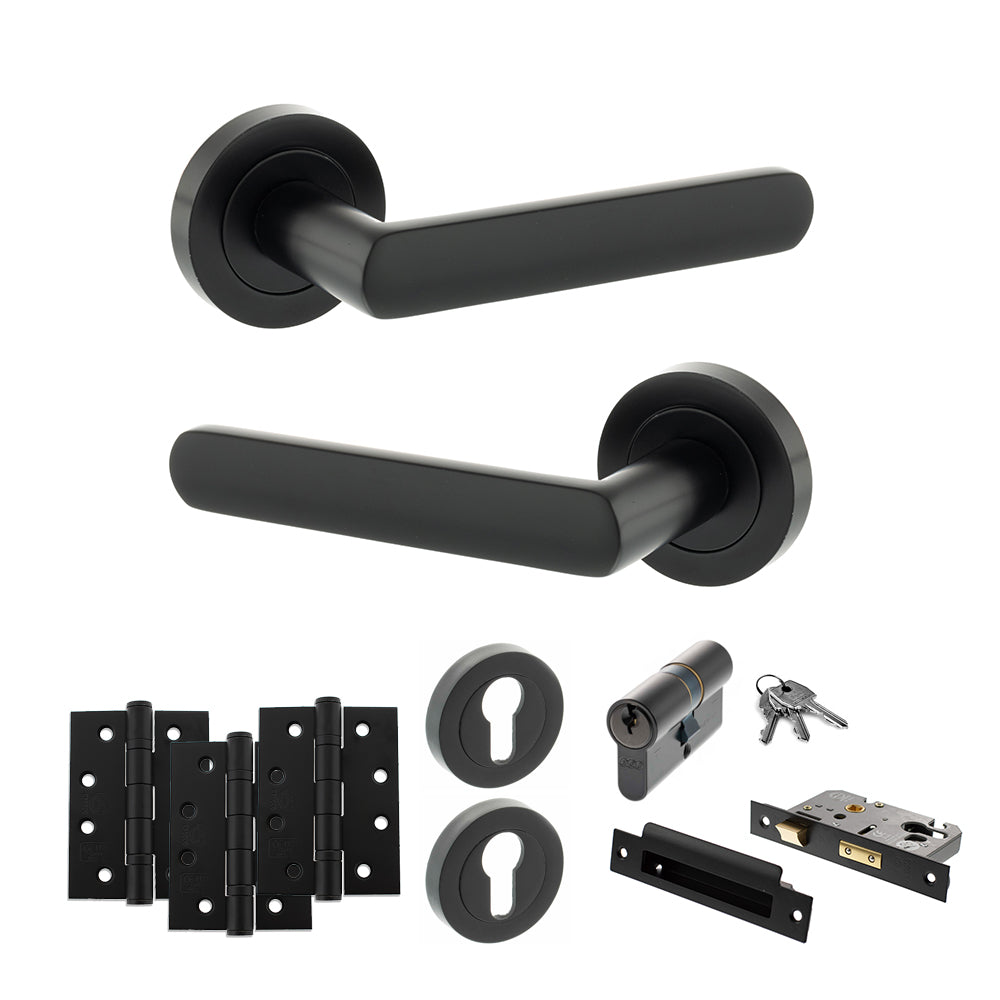 Quality image of STATUS Carolina Door Handle Pack (Euro Lock Set - 2.5" CE Sashlock, 4" Fire Rated Hinges x3) - Matt Black | Sku. adps42rmb22 | available from Trade Door Handles.