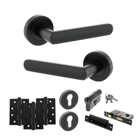 Quality image of STATUS Carolina Door Handle Pack (Euro Lock Set - 3" CE Sashlock, 4" Fire Rated Hinges x3) - Matt Black | Sku. adps42rmb23 | available from Trade Door Handles.