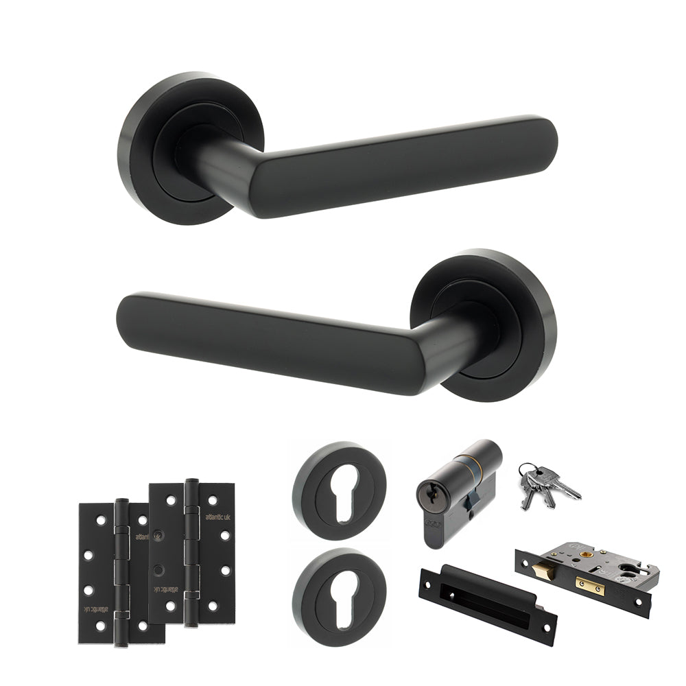 Quality image of STATUS Carolina Door Handle Pack (Euro Lock Set - 2.5" CE Sashlock, 4" Slim Knuckle Hinges x2) - Matt Black | Sku. adps42rmb24 | available from Trade Door Handles.