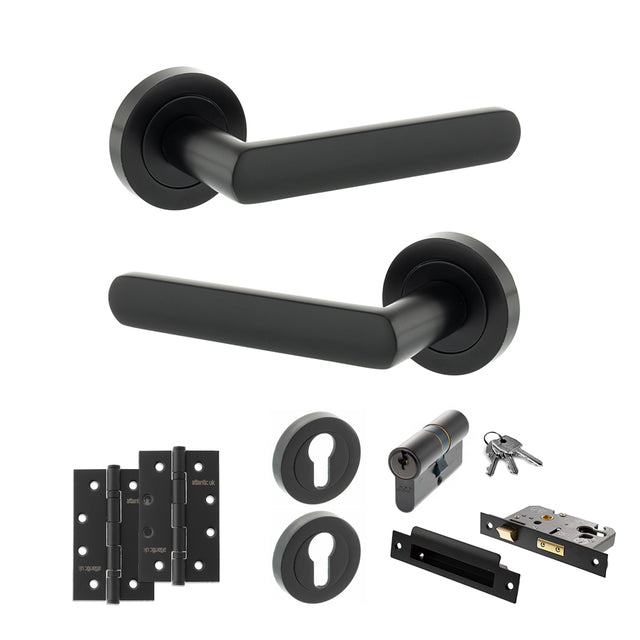 Quality image of STATUS Carolina Door Handle Pack (Euro Lock Set - 2.5" CE Sashlock, 4" Slim Knuckle Hinges x2) - Matt Black | Sku. adps42rmb24 | available from Trade Door Handles.