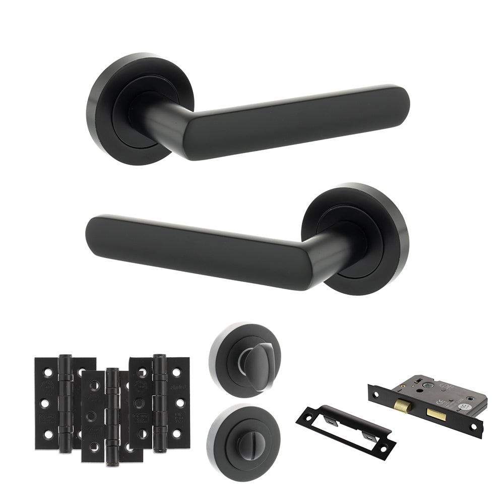 Quality image of STATUS Carolina Door Handle Pack (Bathroom Set - 2.5" CE Bathroom Lock, 3" Fire Rated Hinges x3) - Matt Black | Sku. adps42rmb8 | available from Trade Door Handles.