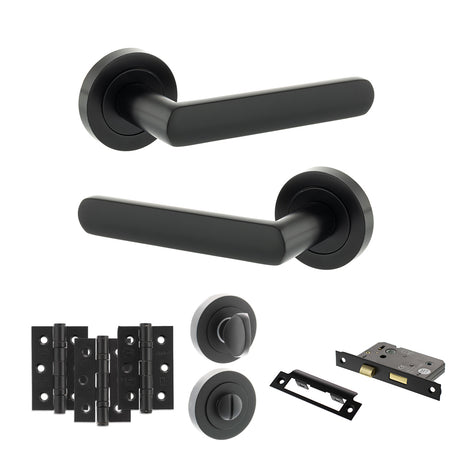 Quality image of STATUS Carolina Door Handle Pack (Bathroom Set - 2.5" CE Bathroom Lock, 3" Fire Rated Hinges x3) - Matt Black | Sku. adps42rmb8 | available from Trade Door Handles.
