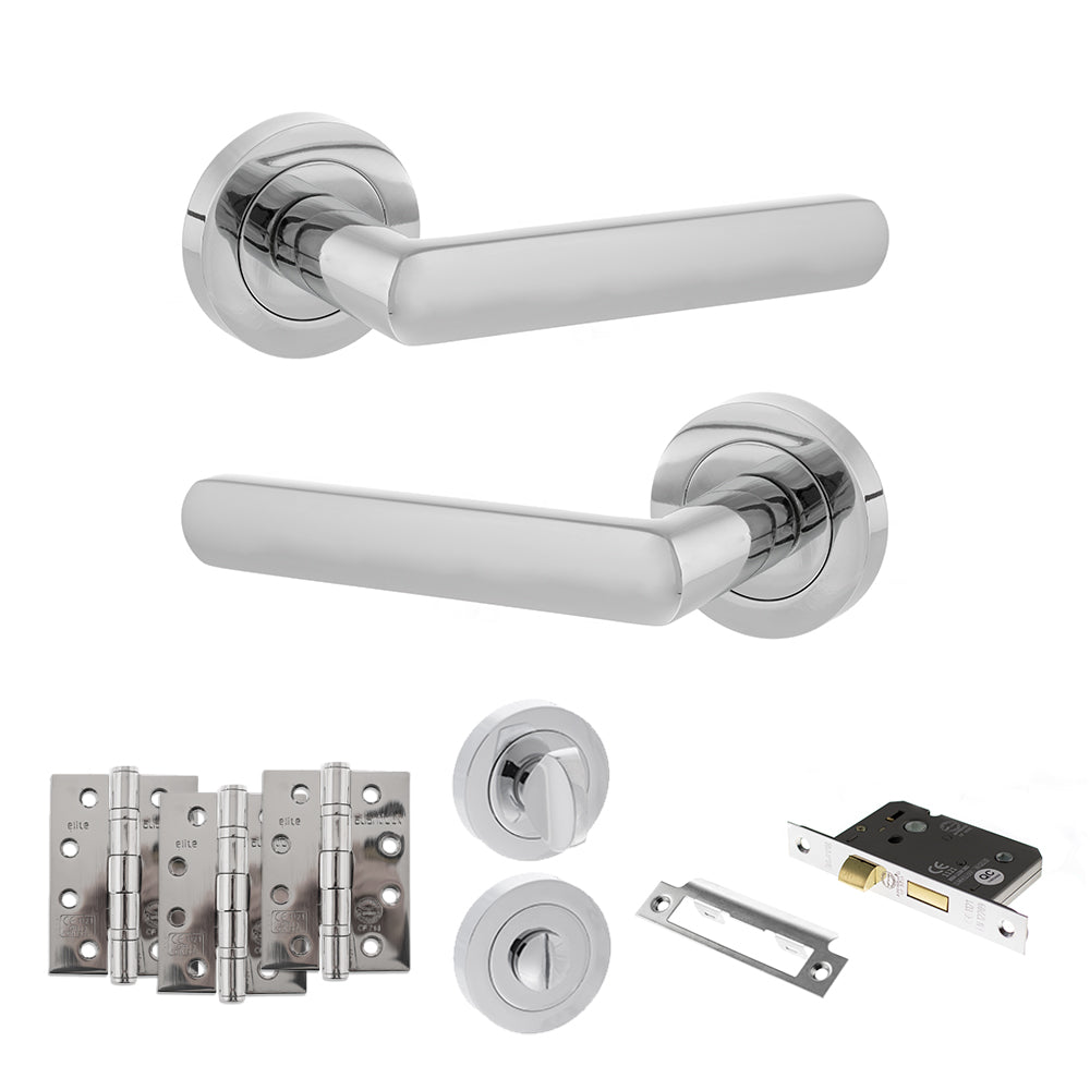Quality image of STATUS Carolina Door Handle Pack (Bathroom Set - 3" CE Bathroom Lock, 4" Fire Rated Hinges x3) - Polished Chrome | Sku. adps42rpc11 | available from Trade Door Handles.