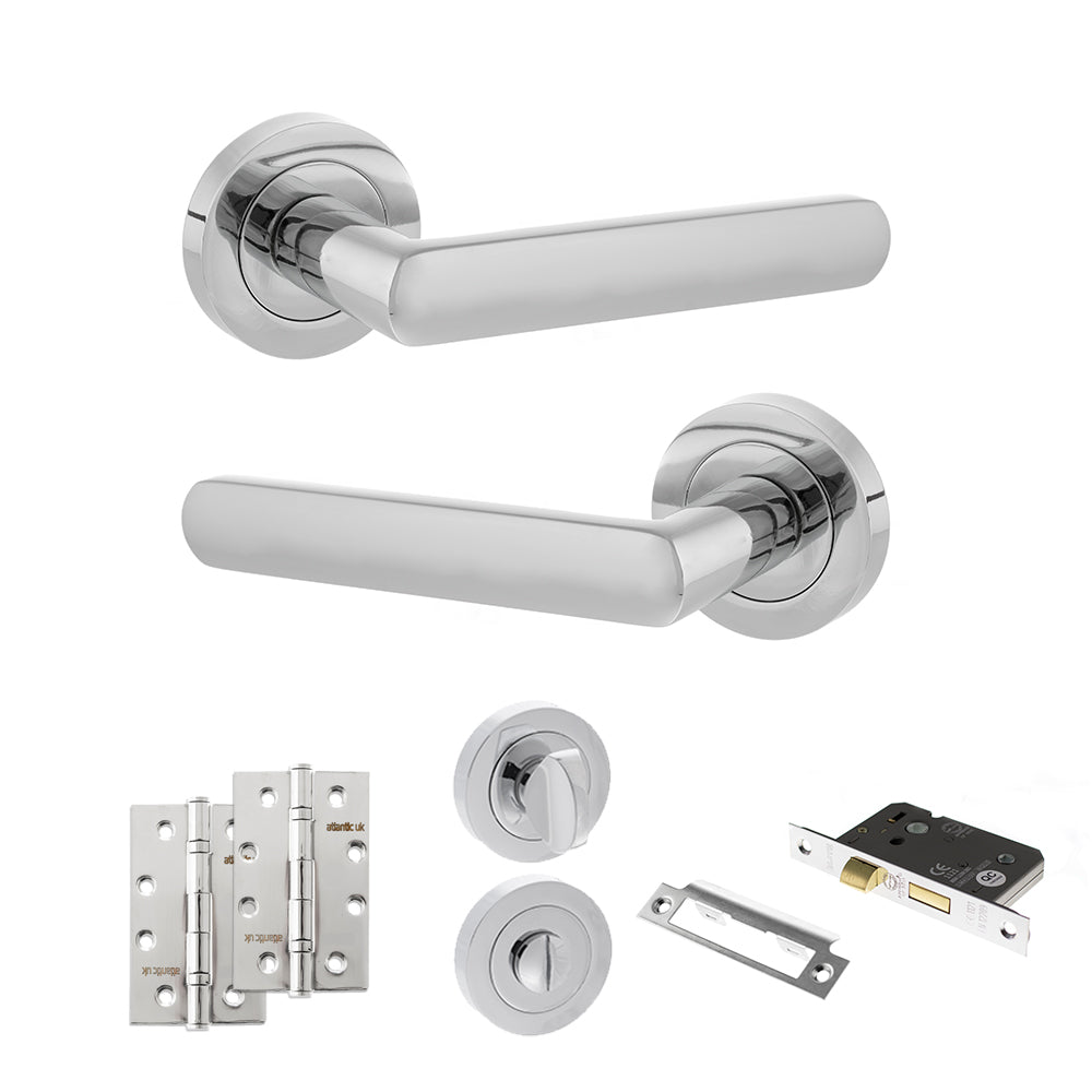 Quality image of STATUS Carolina Door Handle Pack (Bathroom Set - 3" CE Bathroom Lock, 4" Slim Knuckle Hinges x2) - Polished Chrome | Sku. adps42rpc13 | available from Trade Door Handles.