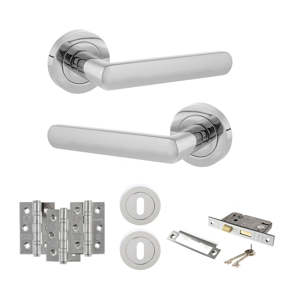 Quality image of STATUS Carolina Door Handle Pack (3 Lever Lock Set - 2.5" CE Sashlock, 3" Fire Rated Hinges x3) - Polished Chrome | Sku. adps42rpc14 | available from Trade Door Handles.