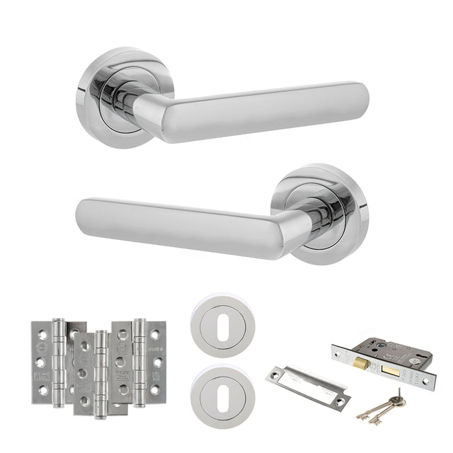 Quality image of STATUS Carolina Door Handle Pack (3 Lever Lock Set - 3" CE Sashlock, 3" Fire Rated Hinges x3) - Polished Chrome | Sku. adps42rpc15 | available from Trade Door Handles.