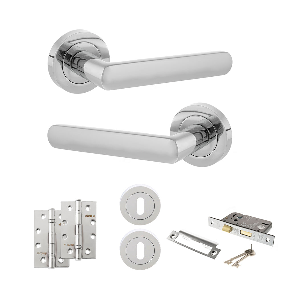 Quality image of STATUS Carolina Door Handle Pack (3 Lever Lock Set - 2.5" CE Sashlock, 4" Slim Knuckle Hinges x2) - Polished Chrome | Sku. adps42rpc18 | available from Trade Door Handles.
