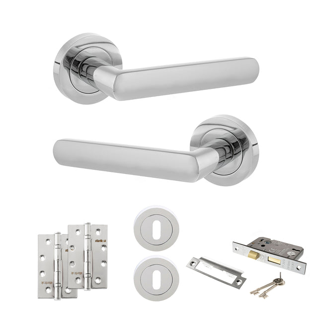 Quality image of STATUS Carolina Door Handle Pack (3 Lever Lock Set - 2.5" CE Sashlock, 4" Slim Knuckle Hinges x2) - Polished Chrome | Sku. adps42rpc18 | available from Trade Door Handles.