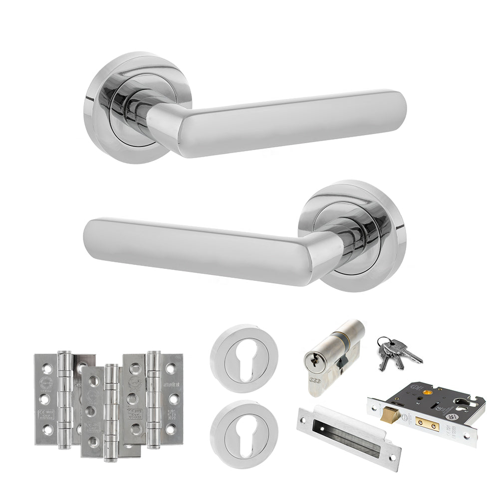 Quality image of STATUS Carolina Door Handle Pack (Euro Lock Set - 2.5" CE Sashlock, 3" Fire Rated Hinges x3) - Polished Chrome | Sku. adps42rpc20 | available from Trade Door Handles.