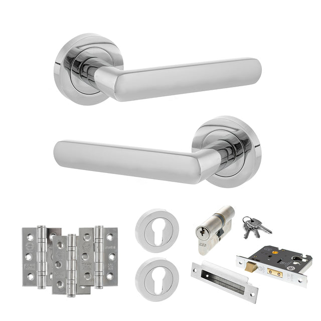 Quality image of STATUS Carolina Door Handle Pack (Euro Lock Set - 2.5" CE Sashlock, 3" Fire Rated Hinges x3) - Polished Chrome | Sku. adps42rpc20 | available from Trade Door Handles.