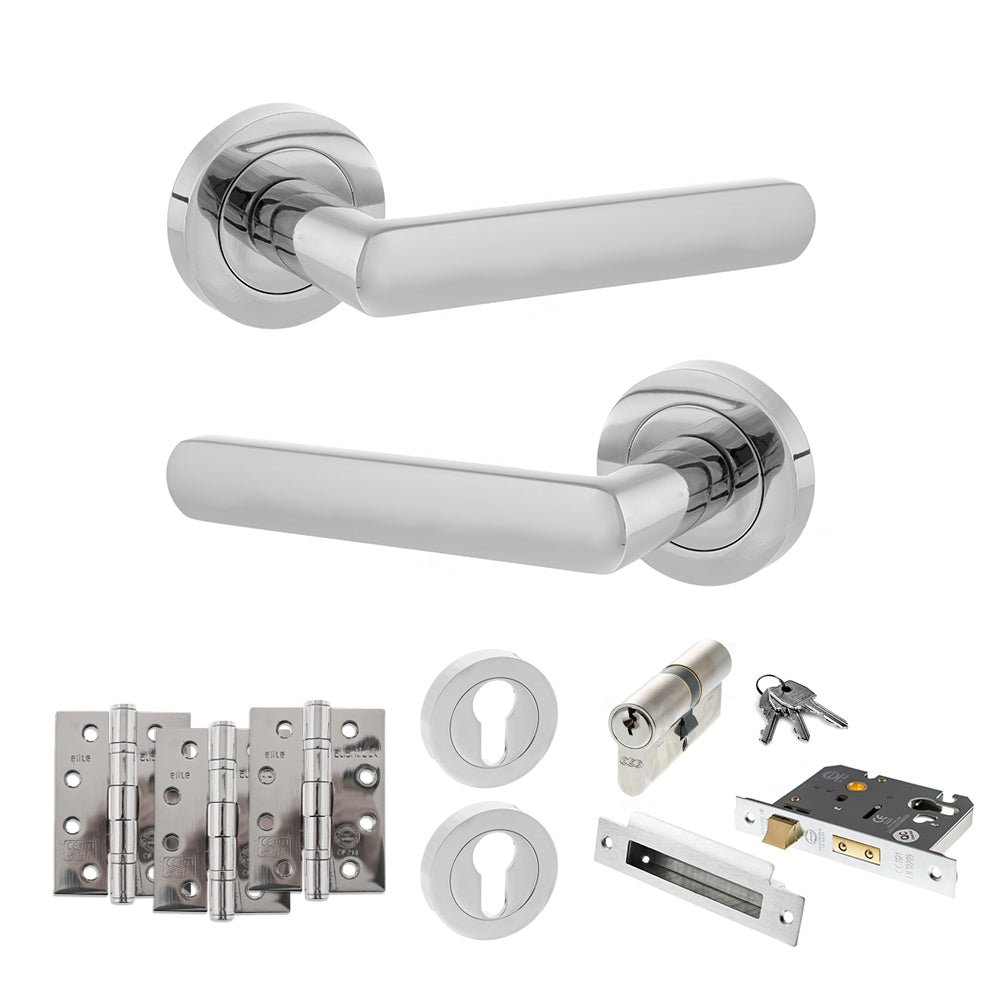Quality image of STATUS Carolina Door Handle Pack (Euro Lock Set - 2.5" CE Sashlock, 4" Fire Rated Hinges x3) - Polished Chrome | Sku. adps42rpc22 | available from Trade Door Handles.