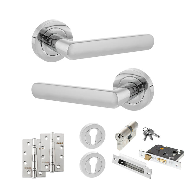 Quality image of STATUS Carolina Door Handle Pack (Euro Lock Set - 3" CE Sashlock, 4" Slim Knuckle Hinges x2) - Polished Chrome | Sku. adps42rpc25 | available from Trade Door Handles.