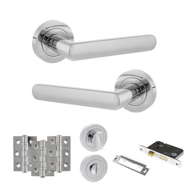 Quality image of STATUS Carolina Door Handle Pack (Bathroom Set - 2.5" CE Bathroom Lock, 3" Fire Rated Hinges x3) - Polished Chrome | Sku. adps42rpc8 | available from Trade Door Handles.