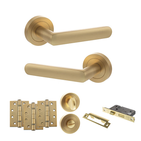 Quality image of STATUS Carolina Door Handle Pack (Bathroom Set - 2.5" CE Bathroom Lock, 4" Fire Rated Hinges x3) - Satin Brass | Sku. adps42rsb10 | available from Trade Door Handles.