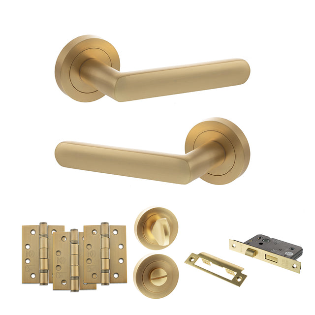 Quality image of STATUS Carolina Door Handle Pack (Bathroom Set - 2.5" CE Bathroom Lock, 4" Fire Rated Hinges x3) - Satin Brass | Sku. adps42rsb10 | available from Trade Door Handles.