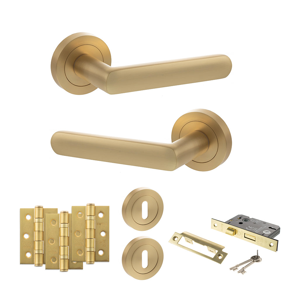 Quality image of STATUS Carolina Door Handle Pack (3 Lever Lock Set - 3" CE Sashlock, 3" Fire Rated Hinges x3) - Satin Brass | Sku. adps42rsb15 | available from Trade Door Handles.