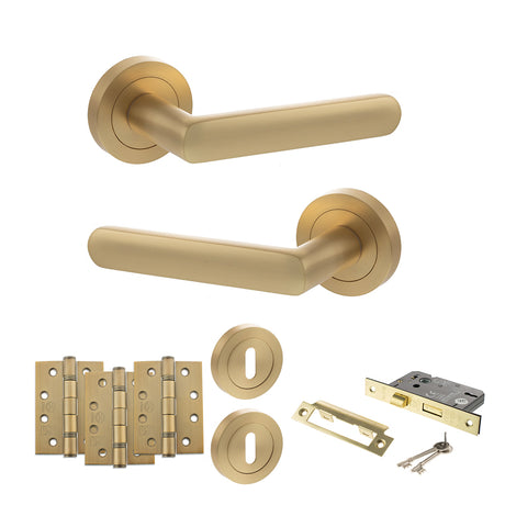 Quality image of STATUS Carolina Door Handle Pack (3 Lever Lock Set - 3" CE Sashlock, 4" Fire Rated Hinges x3) - Satin Brass | Sku. adps42rsb17 | available from Trade Door Handles.