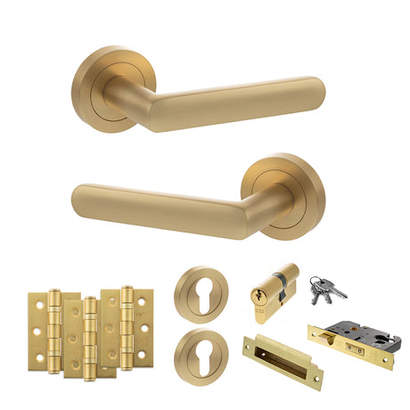 Quality image of STATUS Carolina Door Handle Pack (Euro Lock Set - 2.5" CE Sashlock, 3" Fire Rated Hinges x3) - Satin Brass | Sku. adps42rsb20 | available from Trade Door Handles.