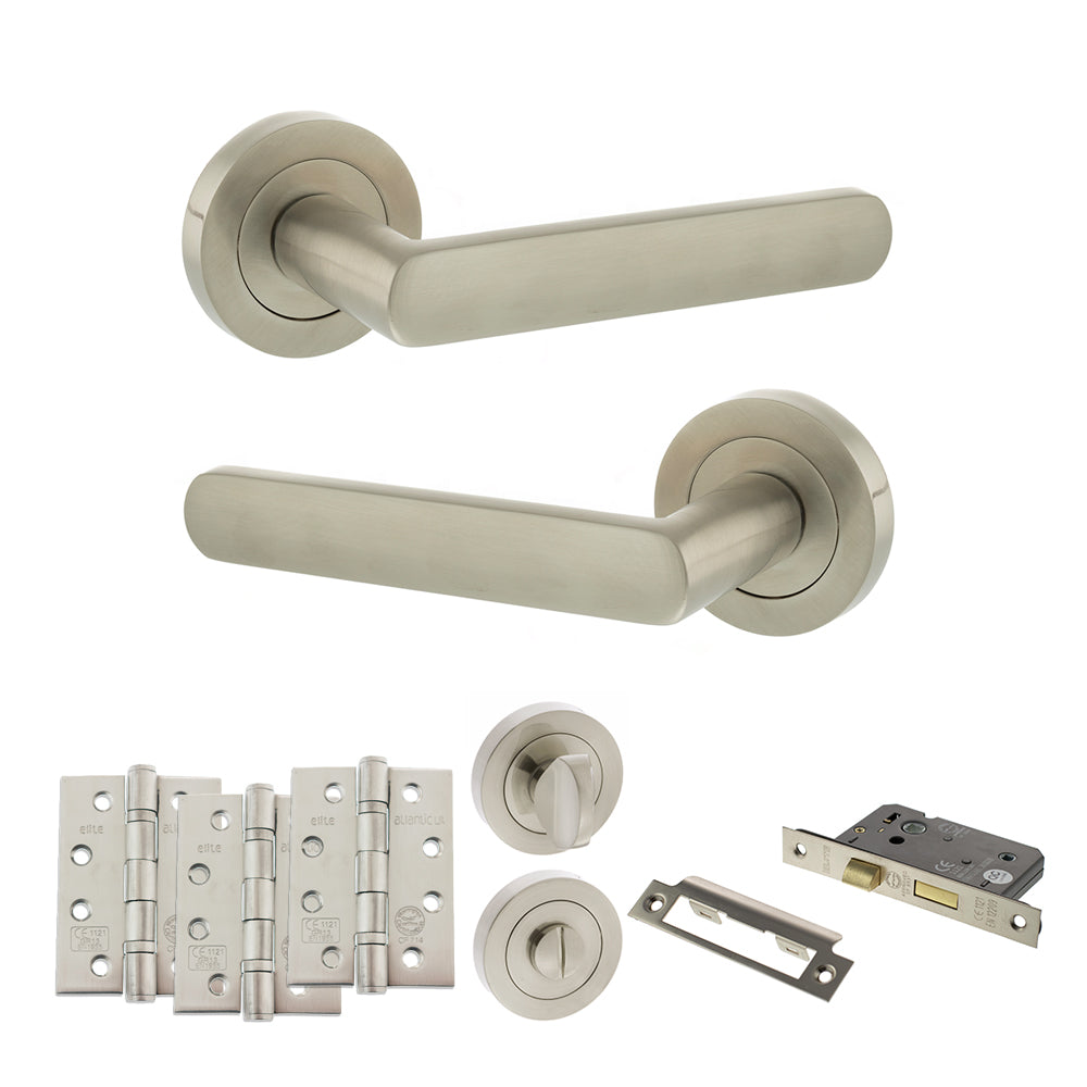 Quality image of STATUS Carolina Door Handle Pack (Bathroom Set - 2.5" CE Bathroom Lock, 4" Fire Rated Hinges x3) - Satin Nickel | Sku. adps42rsn10 | available from Trade Door Handles.