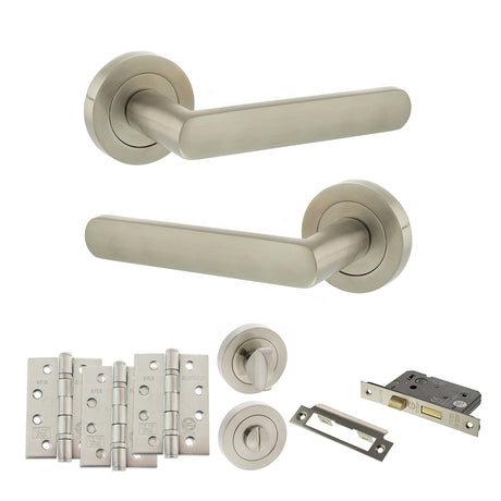 Quality image of STATUS Carolina Door Handle Pack (Bathroom Set - 3" CE Bathroom Lock, 4" Fire Rated Hinges x3) - Satin Nickel | Sku. adps42rsn11 | available from Trade Door Handles.