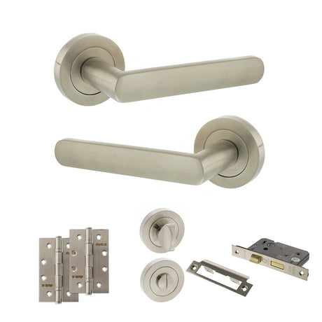 Quality image of STATUS Carolina Door Handle Pack (Bathroom Set - 2.5" CE Bathroom Lock, 4" Slim Knuckle Hinges x2) - Satin Nickel | Sku. adps42rsn12 | available from Trade Door Handles.