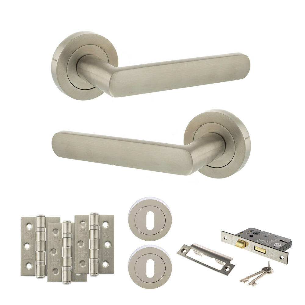 Quality image of STATUS Carolina Door Handle Pack (3 Lever Lock Set - 2.5" CE Sashlock, 3" Fire Rated Hinges x3) - Satin Nickel | Sku. adps42rsn14 | available from Trade Door Handles.