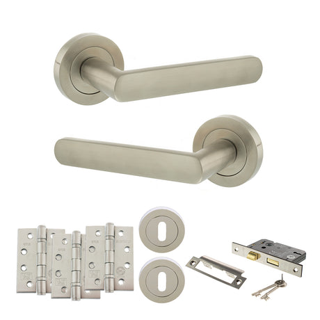 Quality image of STATUS Carolina Door Handle Pack (3 Lever Lock Set - 3" CE Sashlock, 4" Fire Rated Hinges x3) - Satin Nickel | Sku. adps42rsn17 | available from Trade Door Handles.