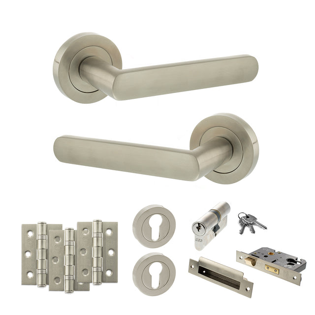 Quality image of STATUS Carolina Door Handle Pack (Euro Lock Set - 3" CE Sashlock, 3" Fire Rated Hinges x3) - Satin Nickel | Sku. adps42rsn21 | available from Trade Door Handles.