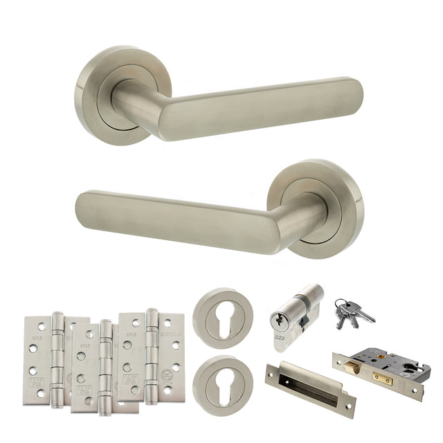 Quality image of STATUS Carolina Door Handle Pack (Euro Lock Set - 3" CE Sashlock, 4" Fire Rated Hinges x3) - Satin Nickel | Sku. adps42rsn23 | available from Trade Door Handles.