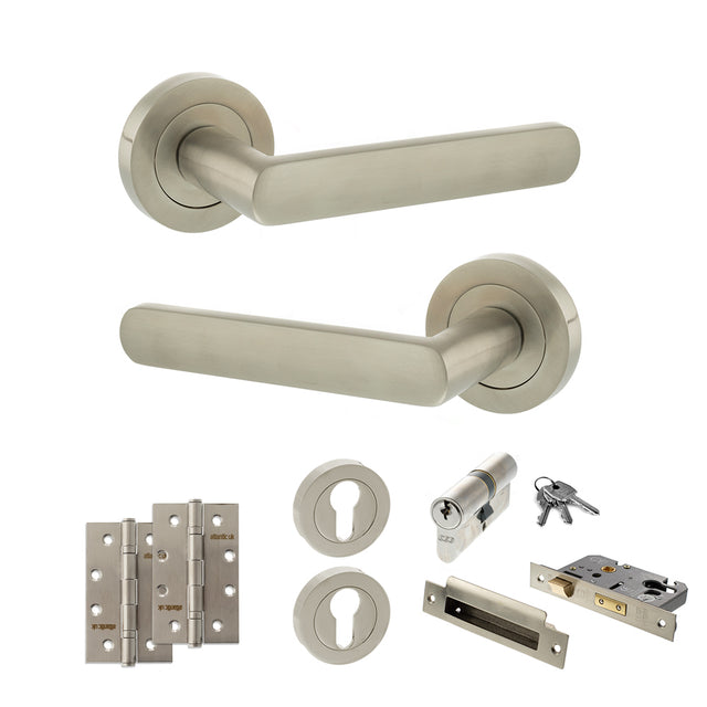 Quality image of STATUS Carolina Door Handle Pack (Euro Lock Set - 2.5" CE Sashlock, 4" Slim Knuckle Hinges x2) - Satin Nickel | Sku. adps42rsn24 | available from Trade Door Handles.