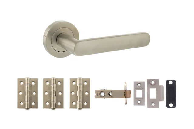 Quality image of STATUS Carolina Door Handle Pack (Latch Set - 3" CE Latch, 3" Fire Rated Hinges x3) - Satin Nickel | Sku. adps42rsn2 | available from Trade Door Handles.