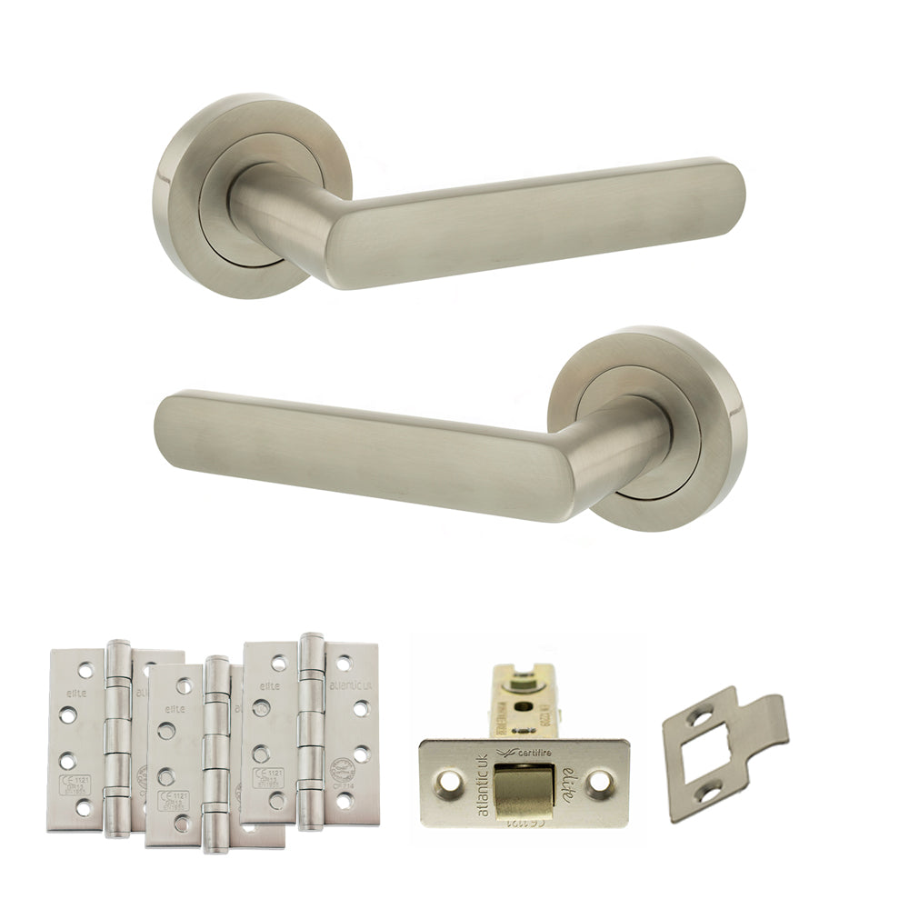 Quality image of STATUS Carolina Door Handle Pack (Latch Set - 3" CE Latch, 4" Fire Rated Hinges x3) - Satin Nickel | Sku. adps42rsn4 | available from Trade Door Handles.