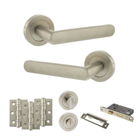 Quality image of STATUS Carolina Door Handle Pack (Bathroom Set - 3" CE Bathroom Lock, 3" Fire Rated Hinges x3) - Satin Nickel | Sku. adps42rsn9 | available from Trade Door Handles.