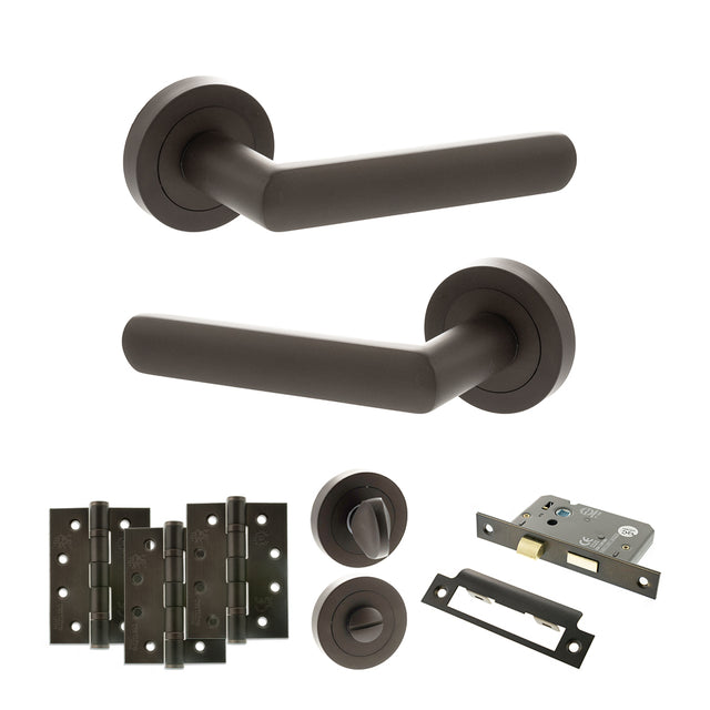 Quality image of STATUS Carolina Door Handle Pack (Bathroom Set - 3" CE Bathroom Lock, 4" Fire Rated Hinges x3) - Urban Dark Bronze | Sku. adps42rudb11 | available from Trade Door Handles.