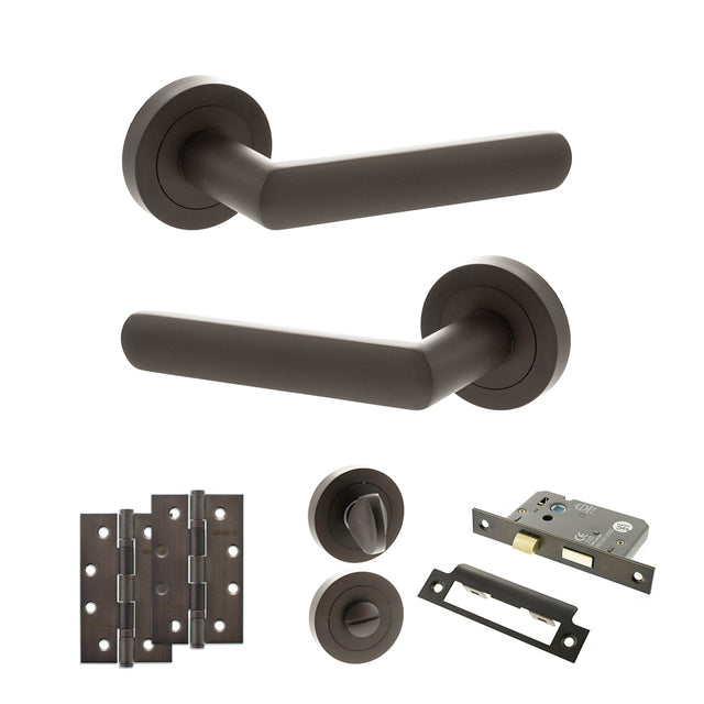 Quality image of STATUS Carolina Door Handle Pack (Bathroom Set - 3" CE Bathroom Lock, 4" Slim Knuckle Hinges x2) - Urban Dark Bronze | Sku. adps42rudb13 | available from Trade Door Handles.