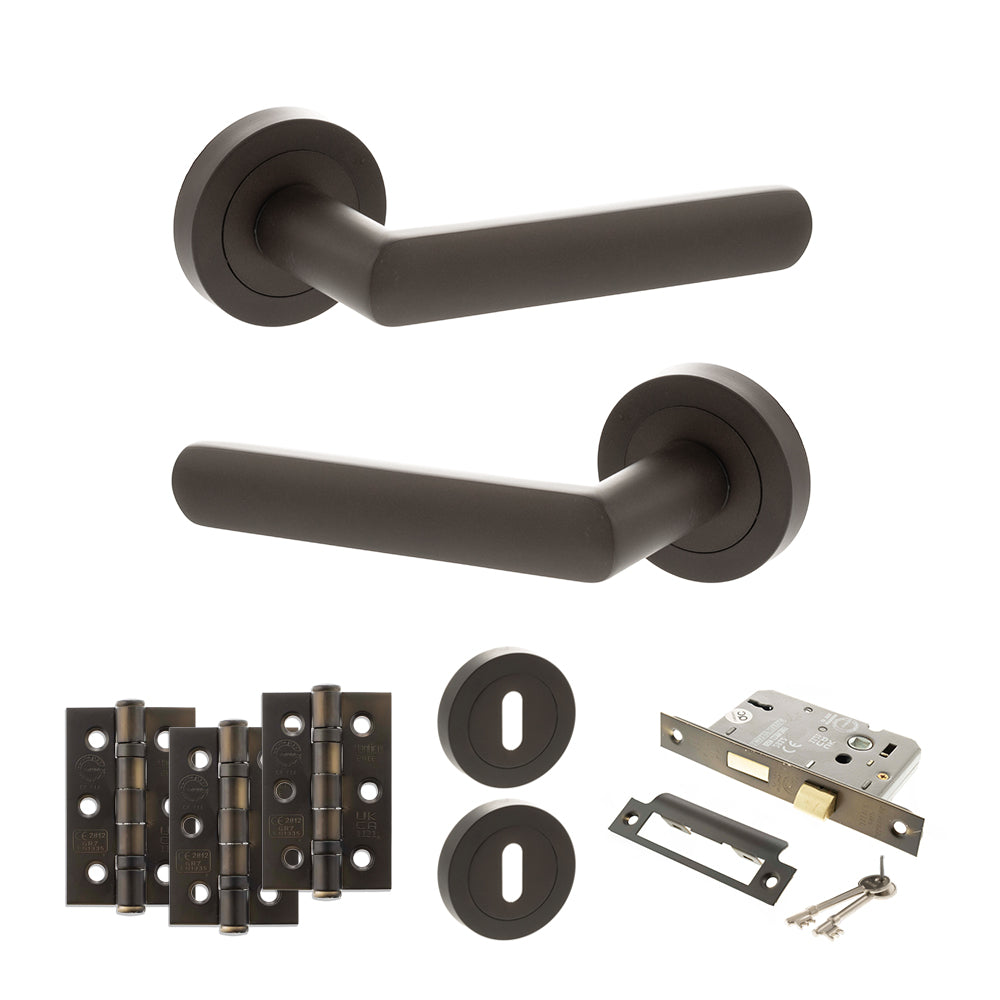 Quality image of STATUS Carolina Door Handle Pack (3 Lever Lock Set - 3" CE Sashlock, 3" Fire Rated Hinges x3) - Urban Dark Bronze | Sku. adps42rudb15 | available from Trade Door Handles.