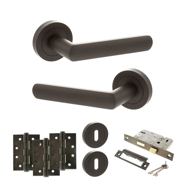 Quality image of STATUS Carolina Door Handle Pack (3 Lever Lock Set - 3" CE Sashlock, 4" Fire Rated Hinges x3) - Urban Dark Bronze | Sku. adps42rudb17 | available from Trade Door Handles.