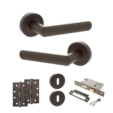 Quality image of STATUS Carolina Door Handle Pack (3 Lever Lock Set - 2.5" CE Sashlock, 4" Slim Knuckle Hinges x2) - Urban Dark Bronze | Sku. adps42rudb18 | available from Trade Door Handles.