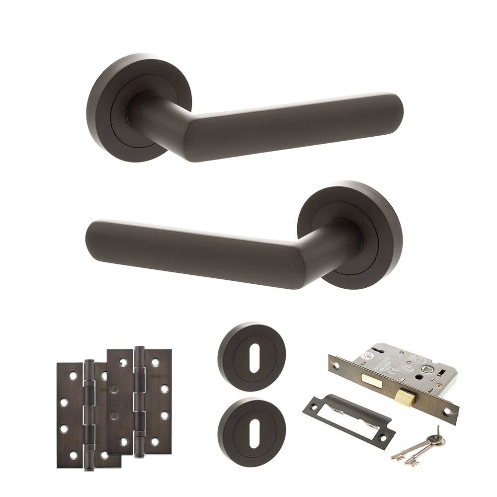 Quality image of STATUS Carolina Door Handle Pack (3 Lever Lock Set - 3" CE Sashlock, 4" Slim Knuckle Hinges x2) - Urban Dark Bronze | Sku. adps42rudb19 | available from Trade Door Handles.