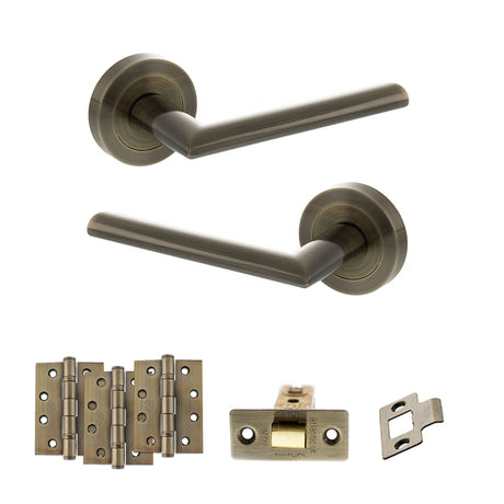 Quality image of STATUS Alabama Door Handle Pack (Latch Set - 2.5" CE Latch, 4" Fire Rated Hinges x3) - Antique Brass | Sku. adps43rab3 | available from Trade Door Handles.