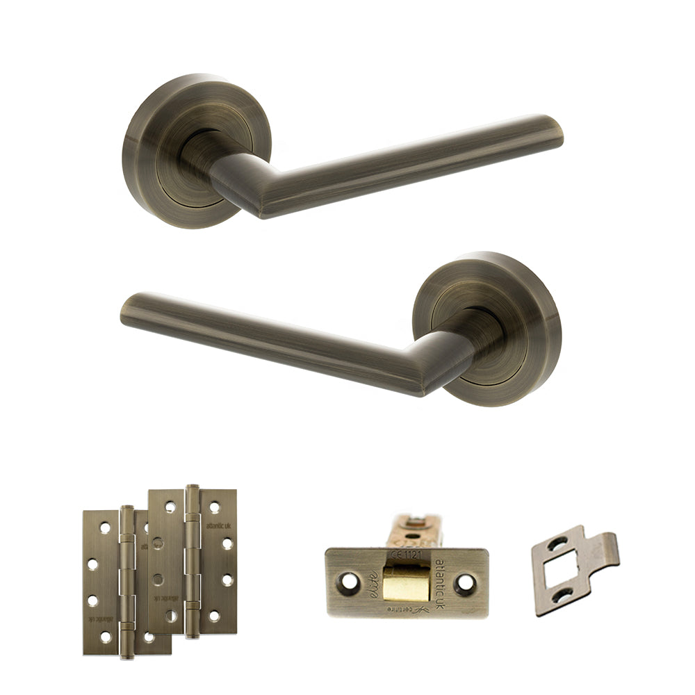 Quality image of STATUS Alabama Door Handle Pack (Latch Set - 3" CE Latch, 4" Slim Knuckle Hinges x2) - Antique Brass | Sku. adps43rab6 | available from Trade Door Handles.