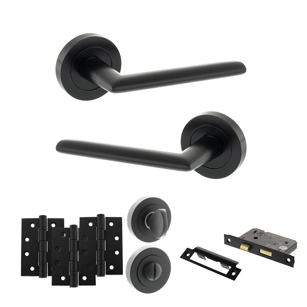 Quality image of STATUS Alabama Door Handle Pack (Bathroom Set - 2.5" CE Bathroom Lock, 4" Fire Rated Hinges x3) - Matt Black | Sku. adps43rmb10 | available from Trade Door Handles.