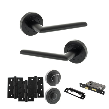 Quality image of STATUS Alabama Door Handle Pack (Bathroom Set - 2.5" CE Bathroom Lock, 4" Fire Rated Hinges x3) - Matt Black | Sku. adps43rmb10 | available from Trade Door Handles.