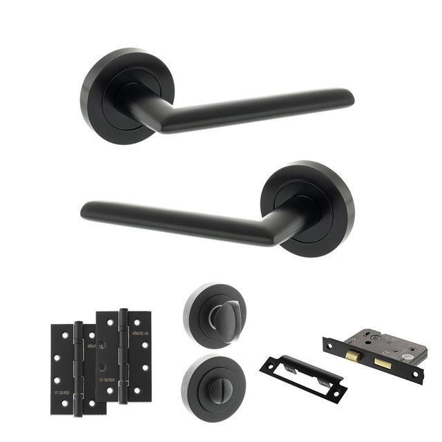 Quality image of STATUS Alabama Door Handle Pack (Bathroom Set - 3" CE Bathroom Lock, 4" Slim Knuckle Hinges x2) - Matt Black | Sku. adps43rmb13 | available from Trade Door Handles.