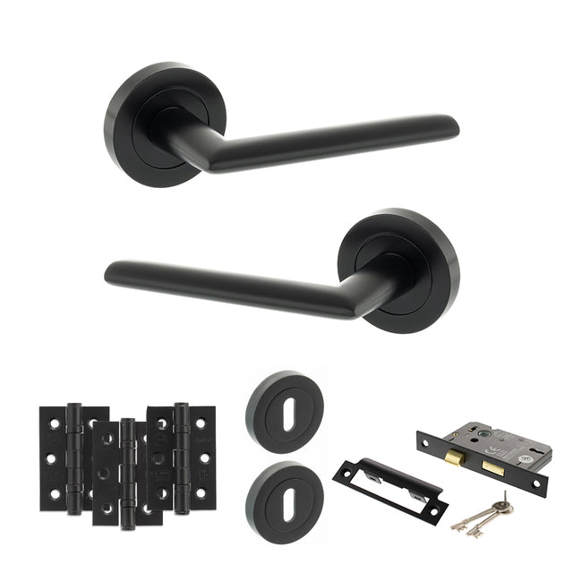 Quality image of STATUS Alabama Door Handle Pack (3 Lever Lock Set - 3" CE Sashlock, 3" Fire Rated Hinges x3) - Matt Black | Sku. adps43rmb15 | available from Trade Door Handles.
